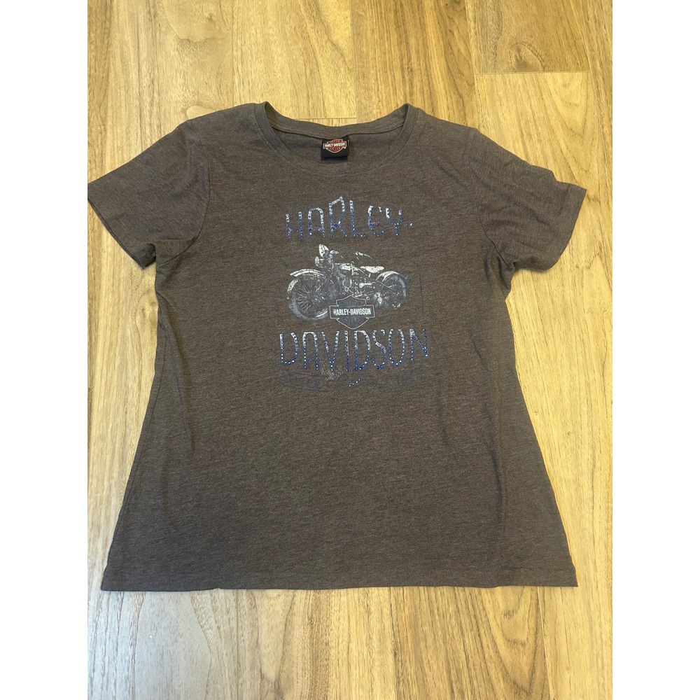 Harley Davidson Womens XL Gray Rhinestone Motorcycle Graphic Tee Great River